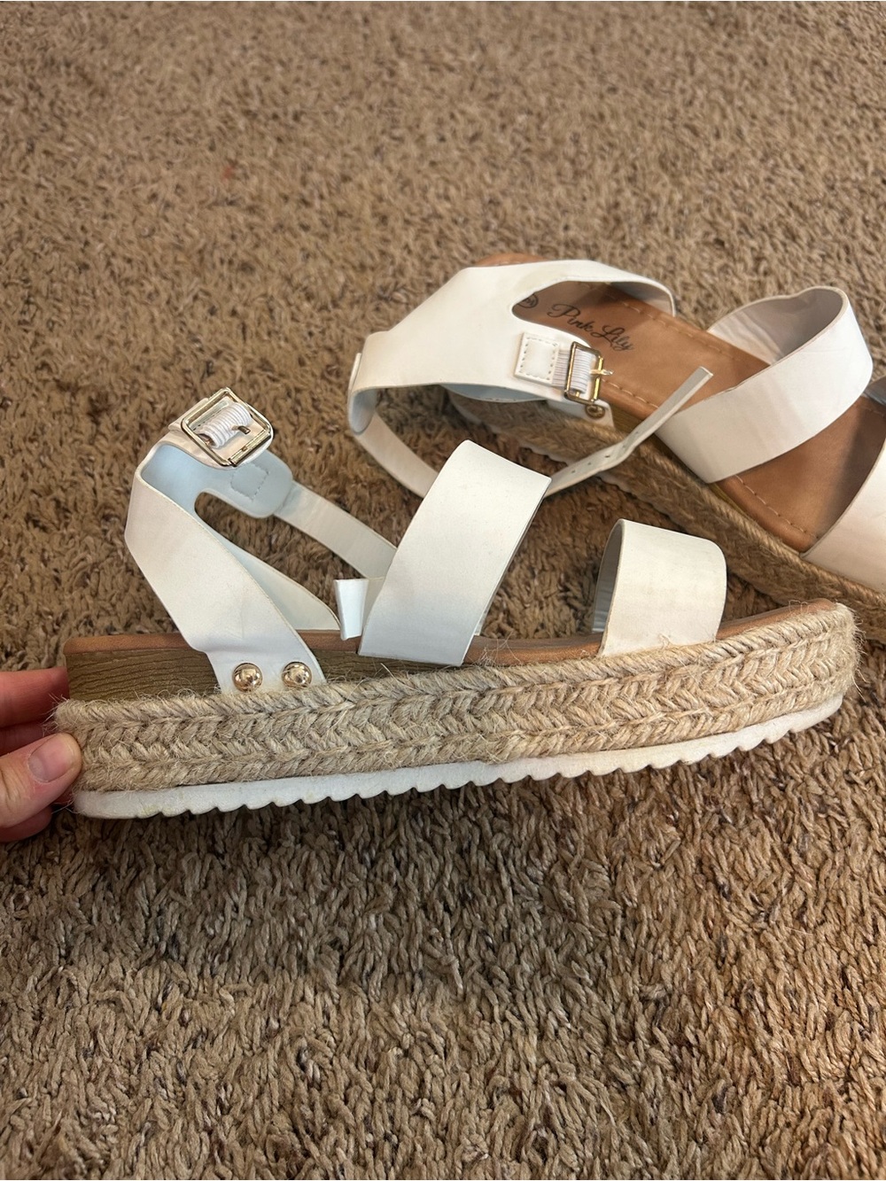 Pink Lily White Espadrille Platform Sandals with Buckle Straps